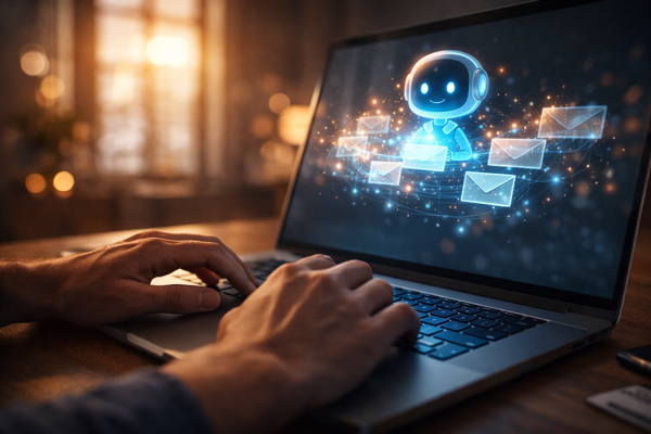 Pessoa utilizando inteligência artificial no Gmail em um ambiente moderno