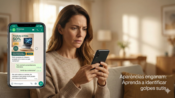 Ilustração mostrando risco de golpe no WhatsApp por meio de imagens e links ocultos