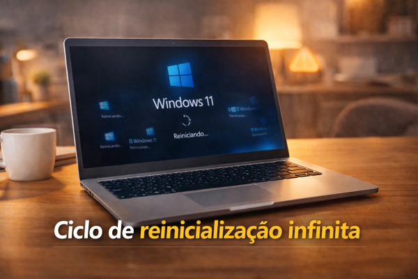 Computador reiniciando repetidamente com aviso de erro no Windows 11 em ambiente iluminado