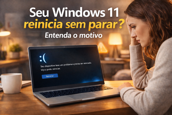 Notebook com Windows 11 exibindo tela de erro e opções de reinicialização em ambiente claro