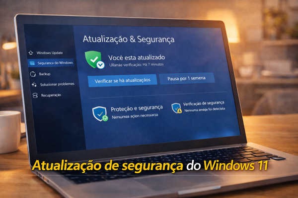 Interface de atualização do Windows 11 com foco em segurança e proteção do sistema em visual moderno e claro