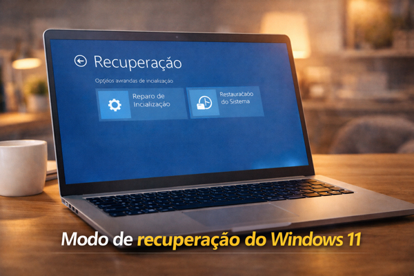 Tela de recuperação do Windows 11 com opções de reparo e restauração em layout limpo e iluminado