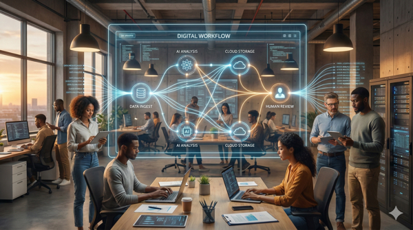 Exemplo de workflow digital com pessoas e sistemas conectados
