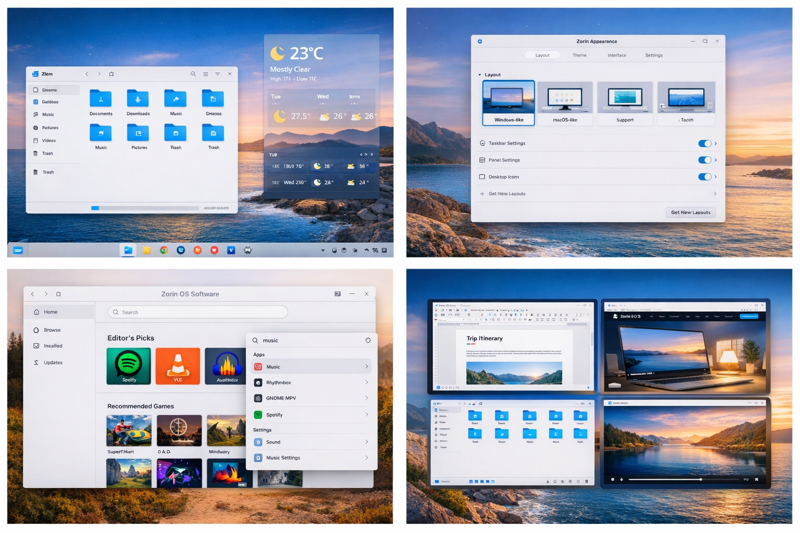 Montagem com telas do Zorin OS 18 mostrando área de trabalho, aparência, loja de aplicativos e multitarefa