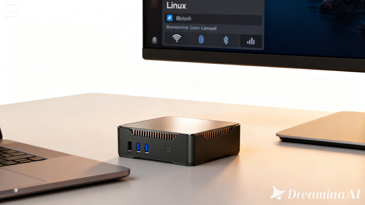 Notebook e desktop lado a lado com o Deepin 25 exibindo tela de drivers e conexões como Wi-Fi e Bluetooth