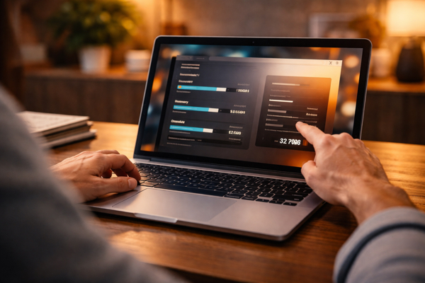 Pessoa comparando configurações personalizadas de um Mac em uma tela com visual moderno
