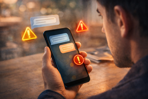 Pessoa olhando uma mensagem suspeita no celular, com sinais visuais de alerta