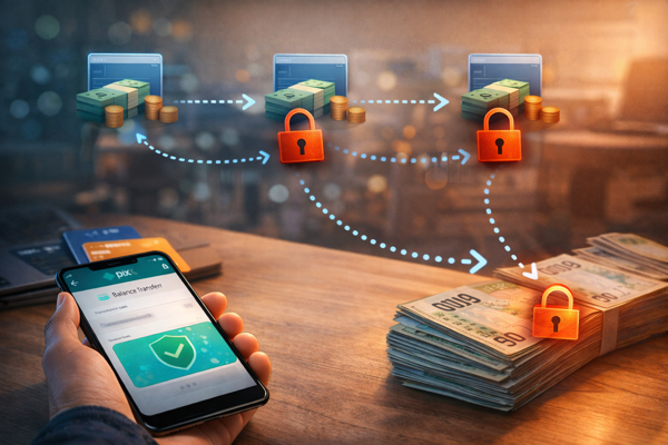 Ilustração didática mostrando o dinheiro passando por várias contas e o bloqueio em etapas diferentes