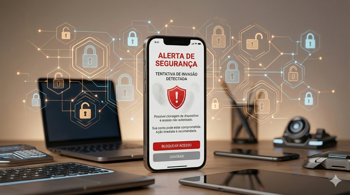Smartphone com alerta de segurança indicando possível clonagem de celular