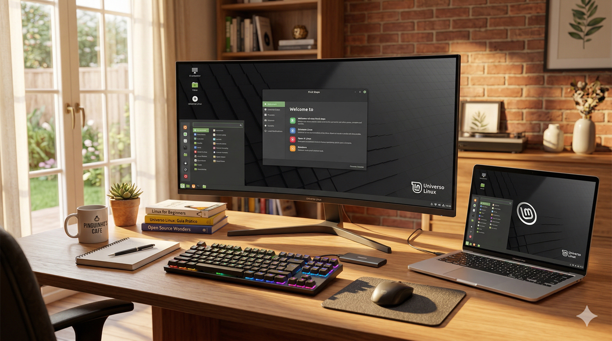 Computador com Linux em ambiente doméstico moderno, mostrando um sistema amigável para tarefas do dia a dia