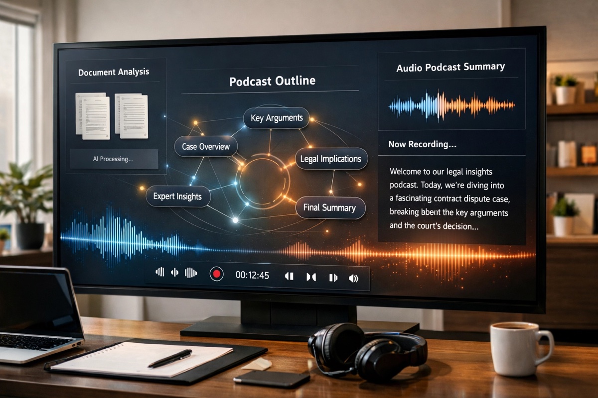 Interface de inteligência artificial gerando mapa mental e resumo em áudio