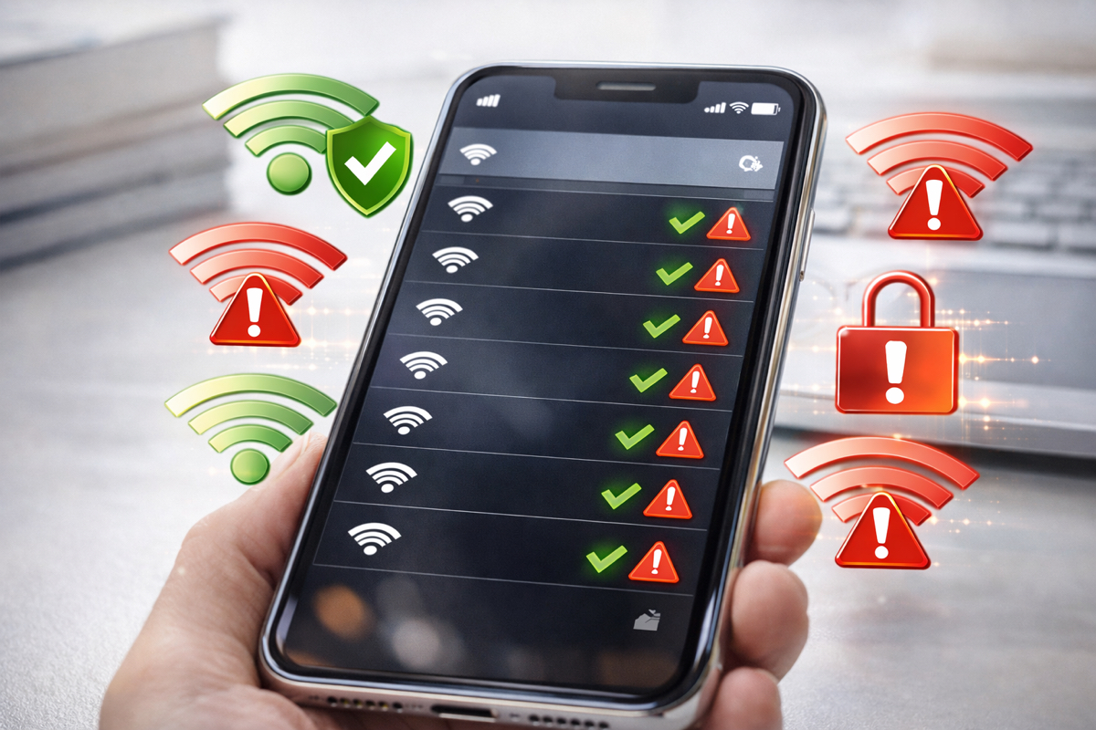 smartphone conectado a várias redes Wi-Fi representando riscos de segurança digital
