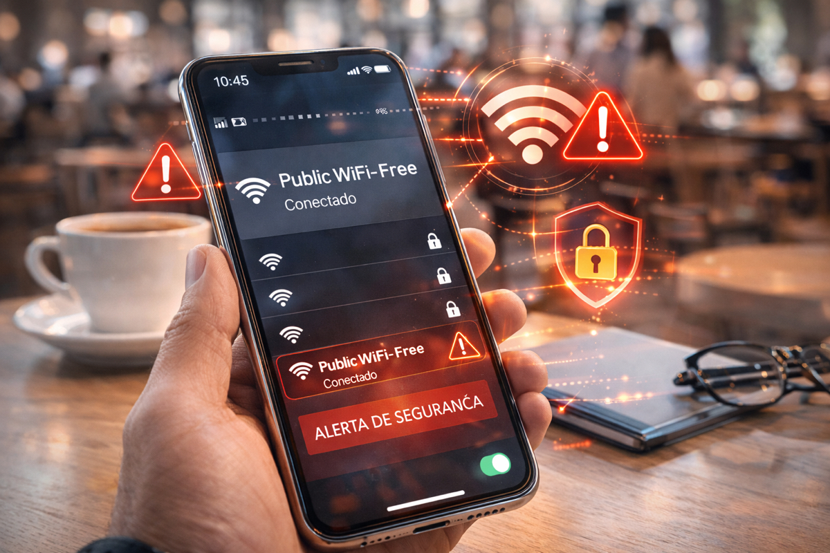 smartphone conectado a rede Wi-Fi pública com alerta de segurança digital