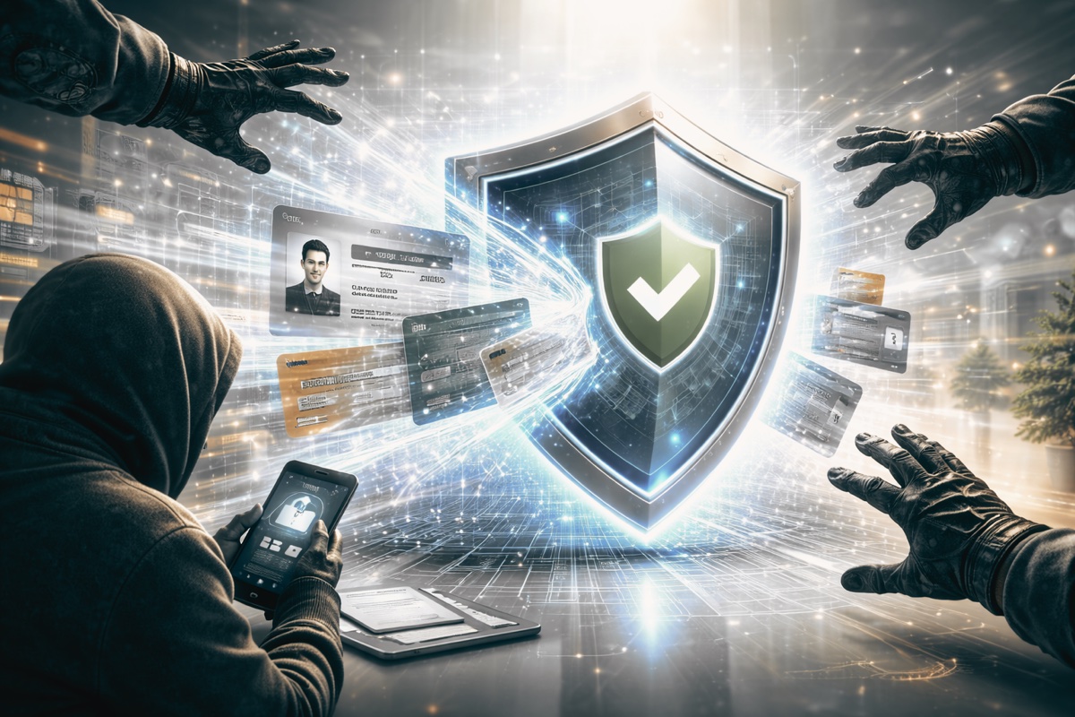 Representação de golpe digital e identidade roubada sendo bloqueados por escudo digital