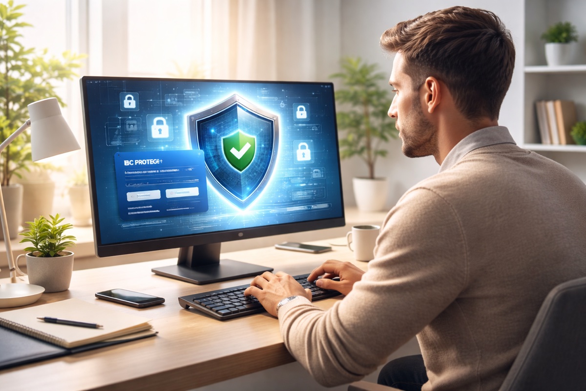 Pessoa acessando sistema de segurança digital em computador em ambiente claro e moderno