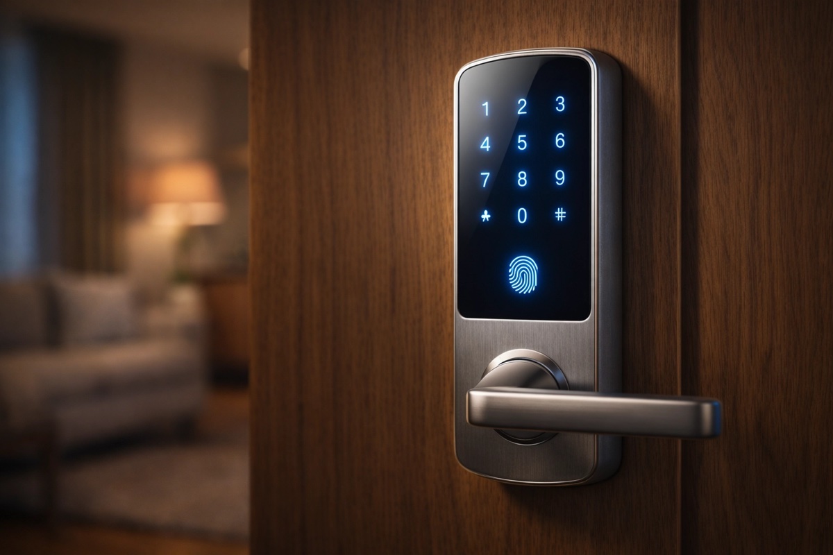 Fechadura digital moderna em porta residencial