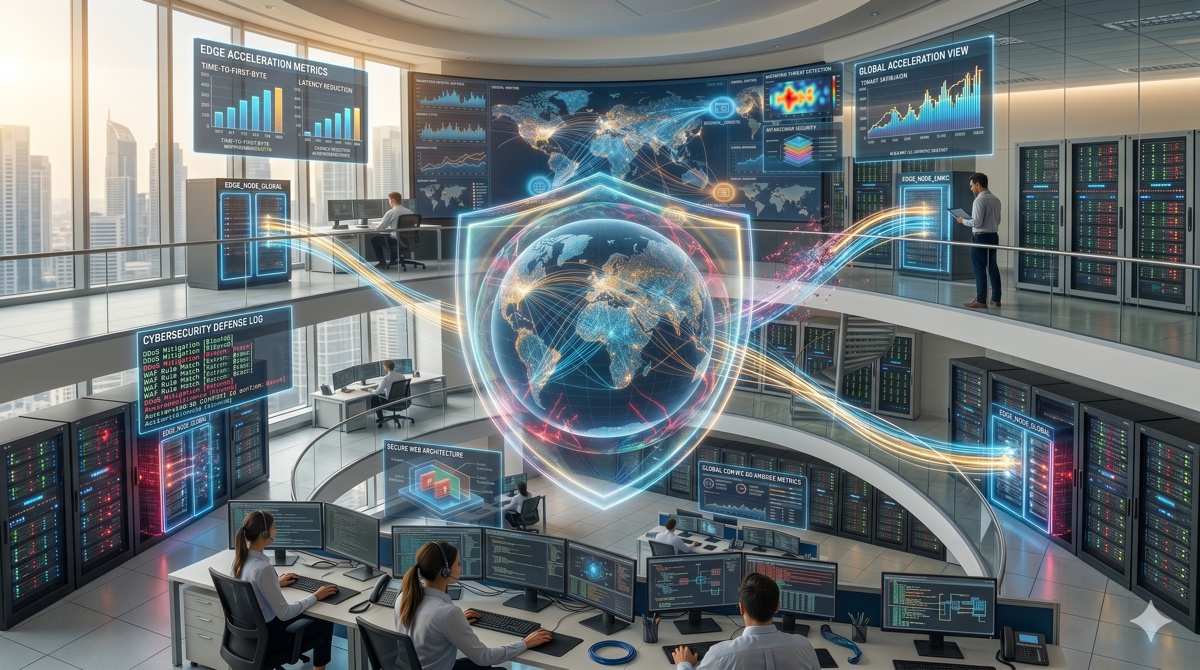 Infraestrutura digital moderna representando a atuação invisível da Cloudflare na proteção e aceleração da internet