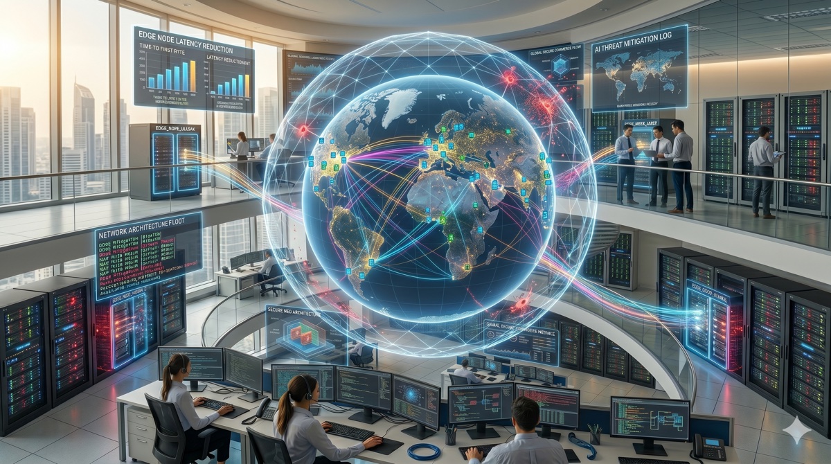 Rede global de data centers e computação na borda representando a atuação mundial da Cloudflare