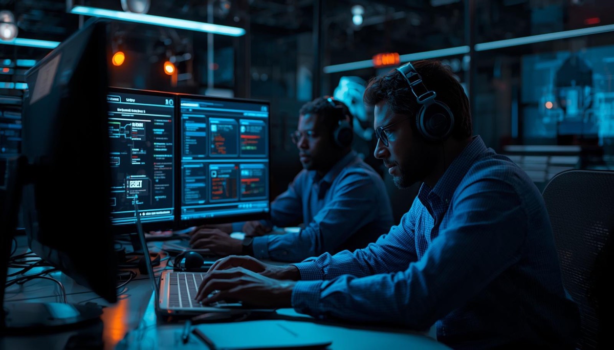 Equipe de especialistas analisando segurança digital com apoio de inteligência artificial em ambiente claro e tecnológico