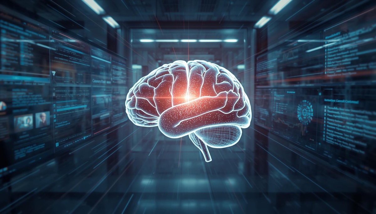 Representação realista de uma inteligência artificial analisando sistemas críticos em um ambiente tecnológico claro e moderno