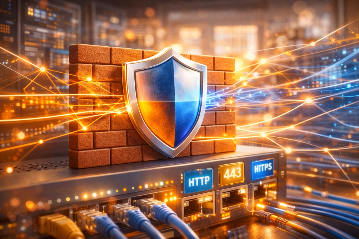 Conceito visual de segurança digital com firewall protegendo portas de rede