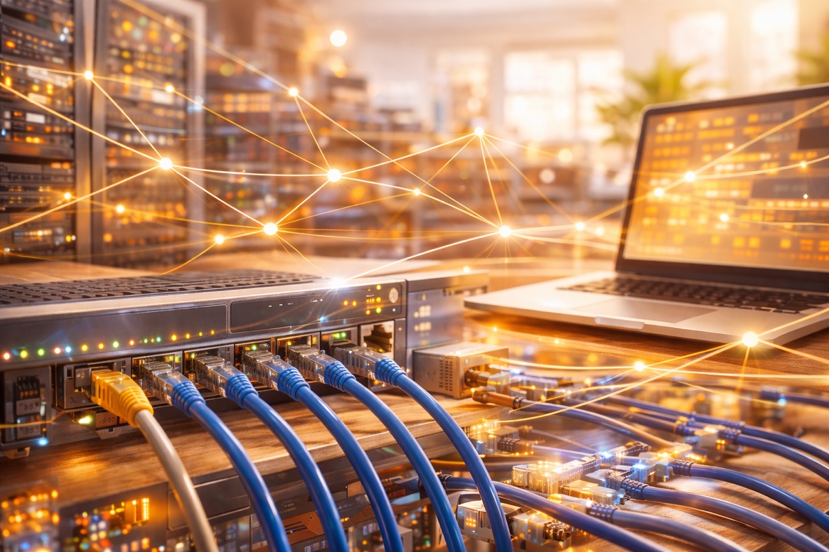 Infraestrutura de rede representando portas e conexões de internet
