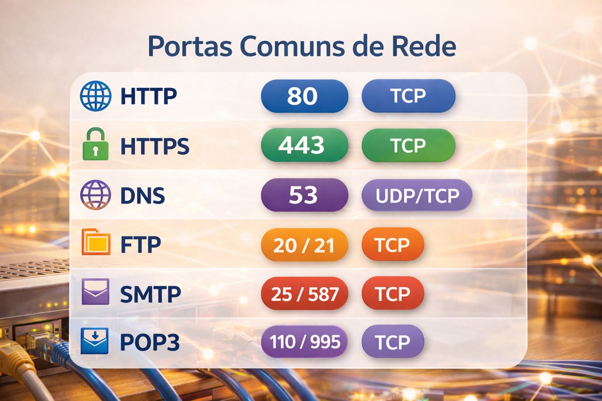 Representação visual de portas de rede usadas por serviços como web, e-mail e DNS