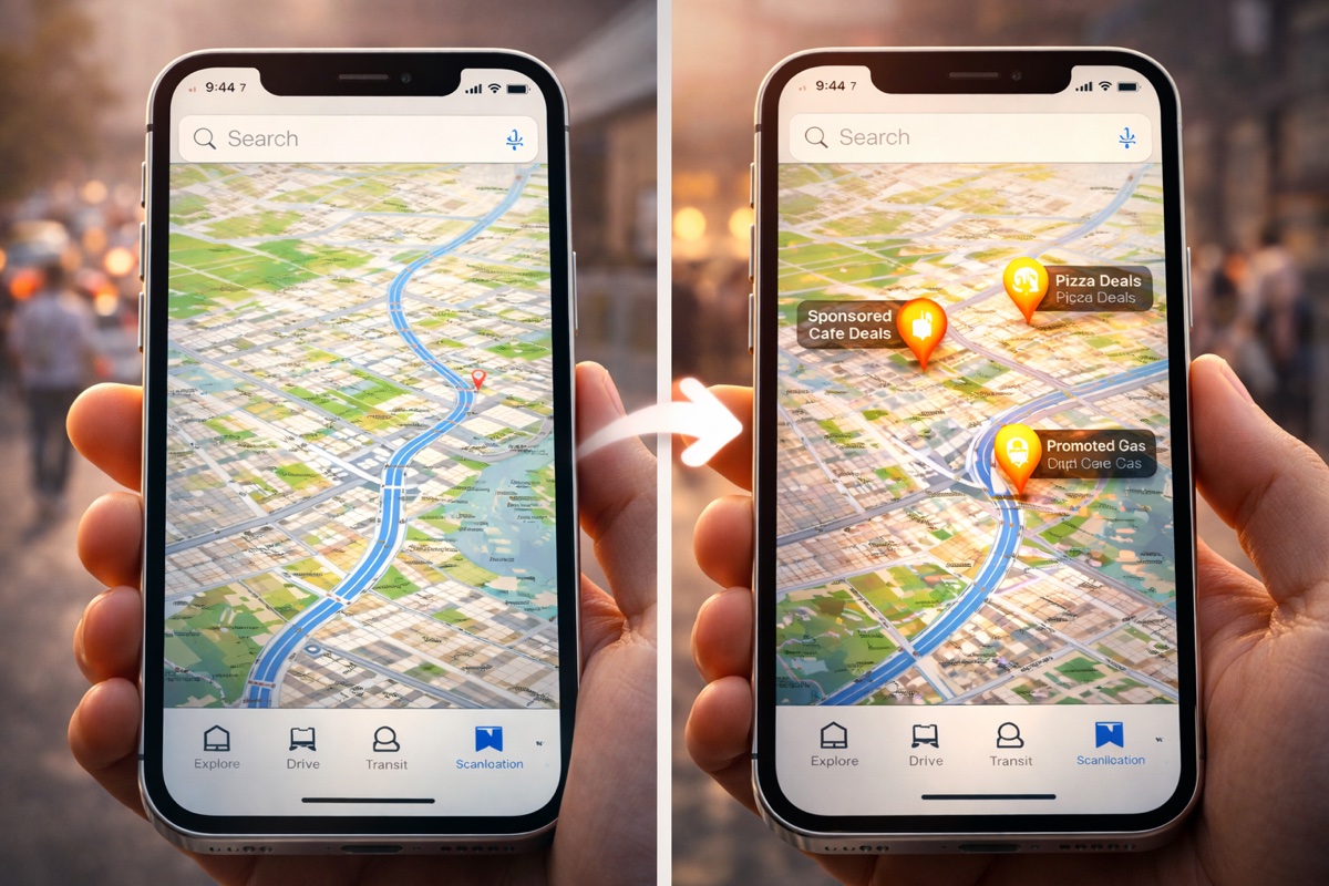 Apple Maps com anúncios e navegação digital moderna