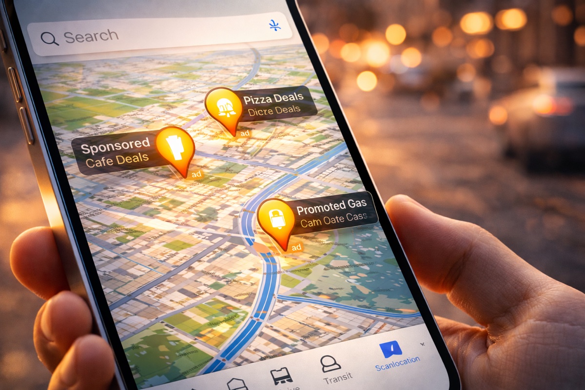 Mapa digital com resultados patrocinados