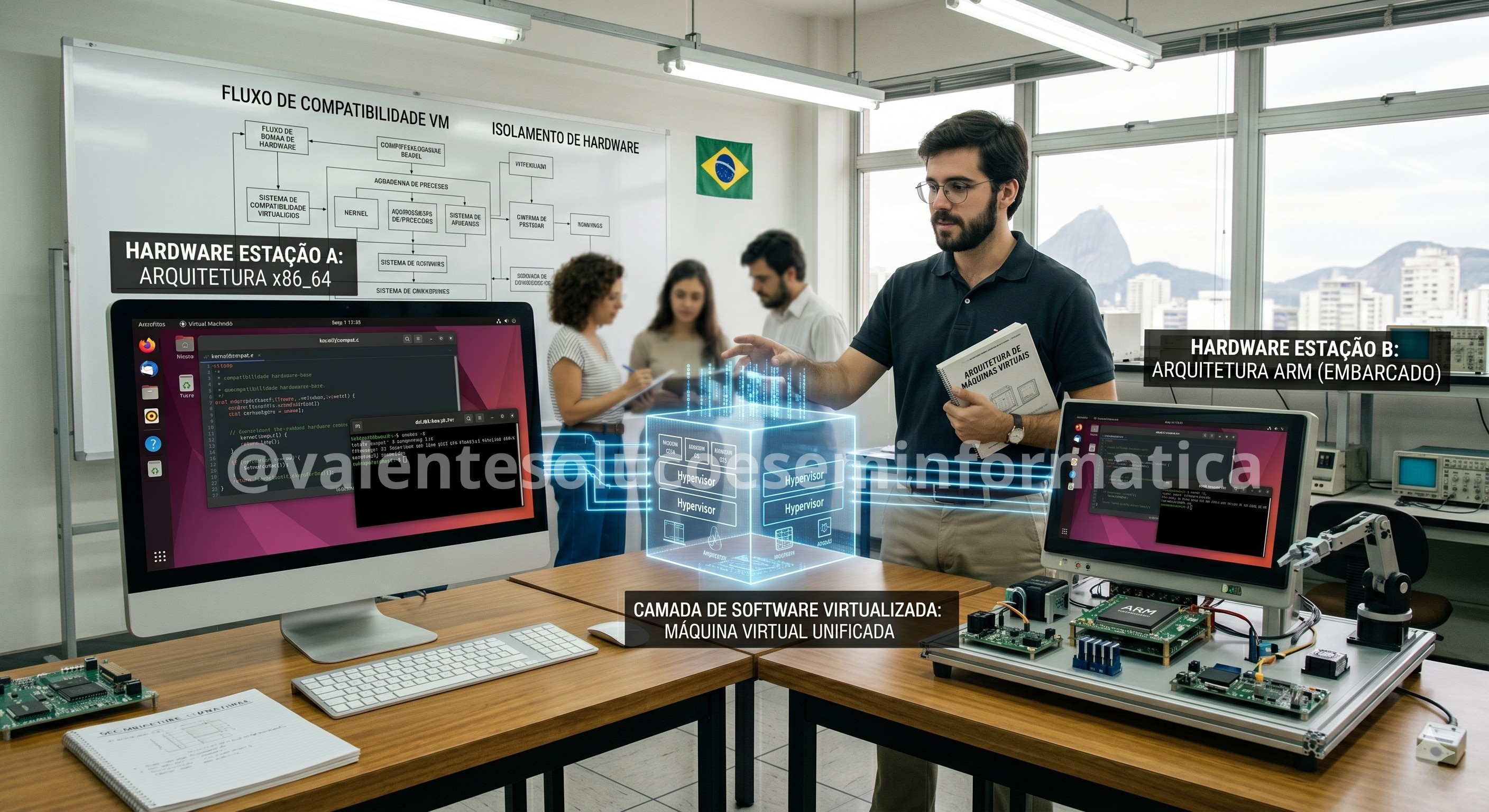 Ilustração realista de múltiplos computadores executando o mesmo software por abstração de máquina virtual