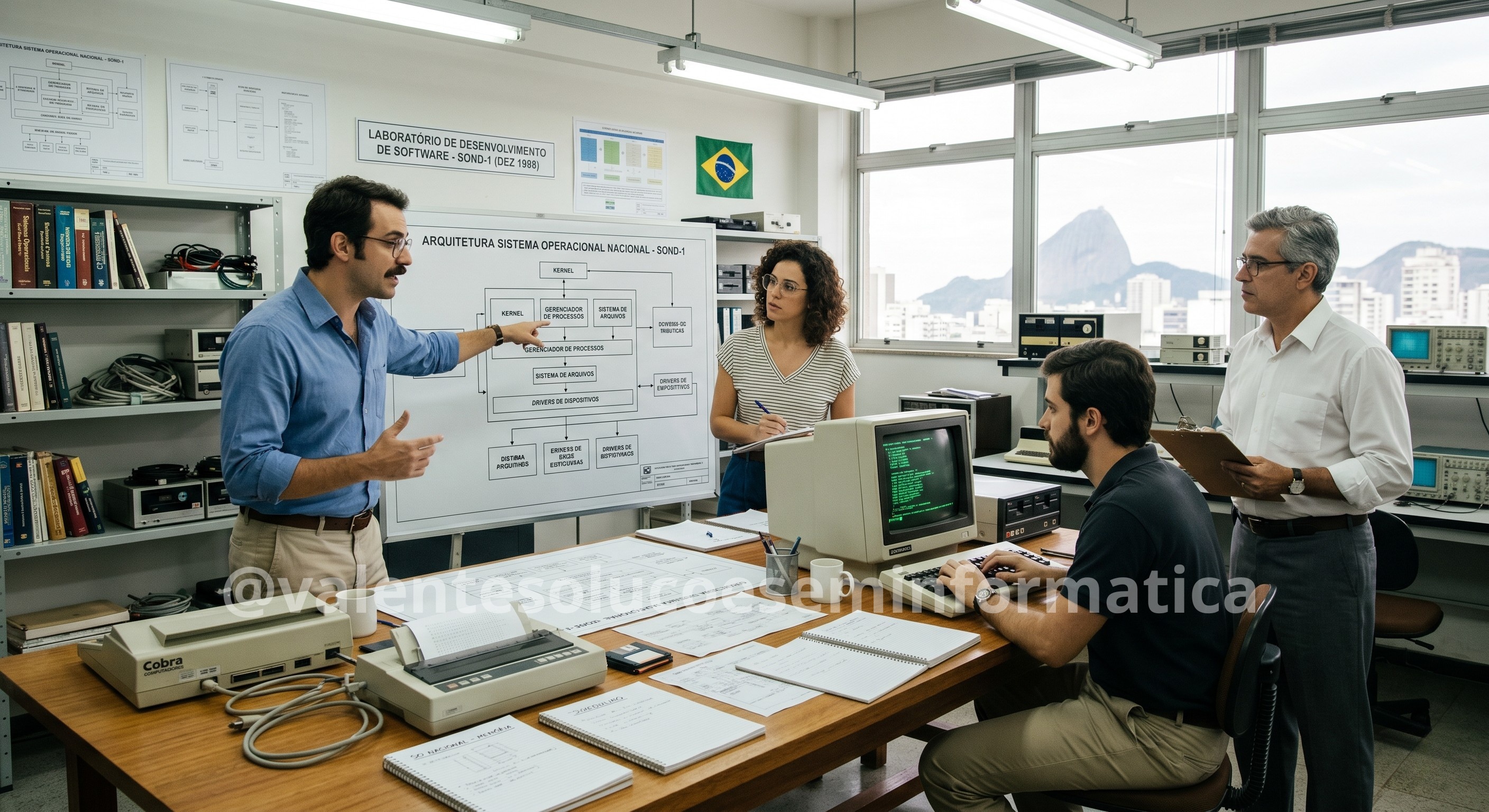 Engenheiros brasileiros em laboratório de computação na década de 1980 trabalhando em um sistema operacional nacional