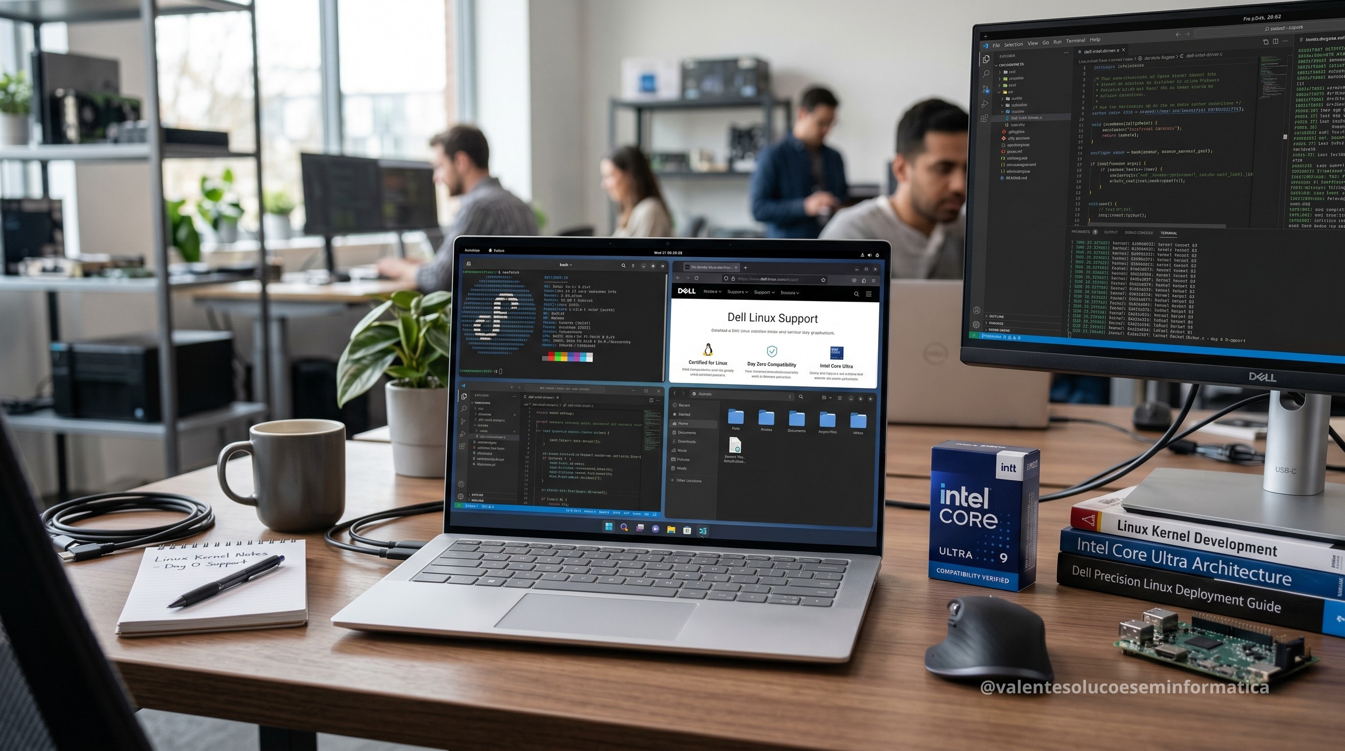 Notebook premium com interface Linux e componentes modernos ao redor