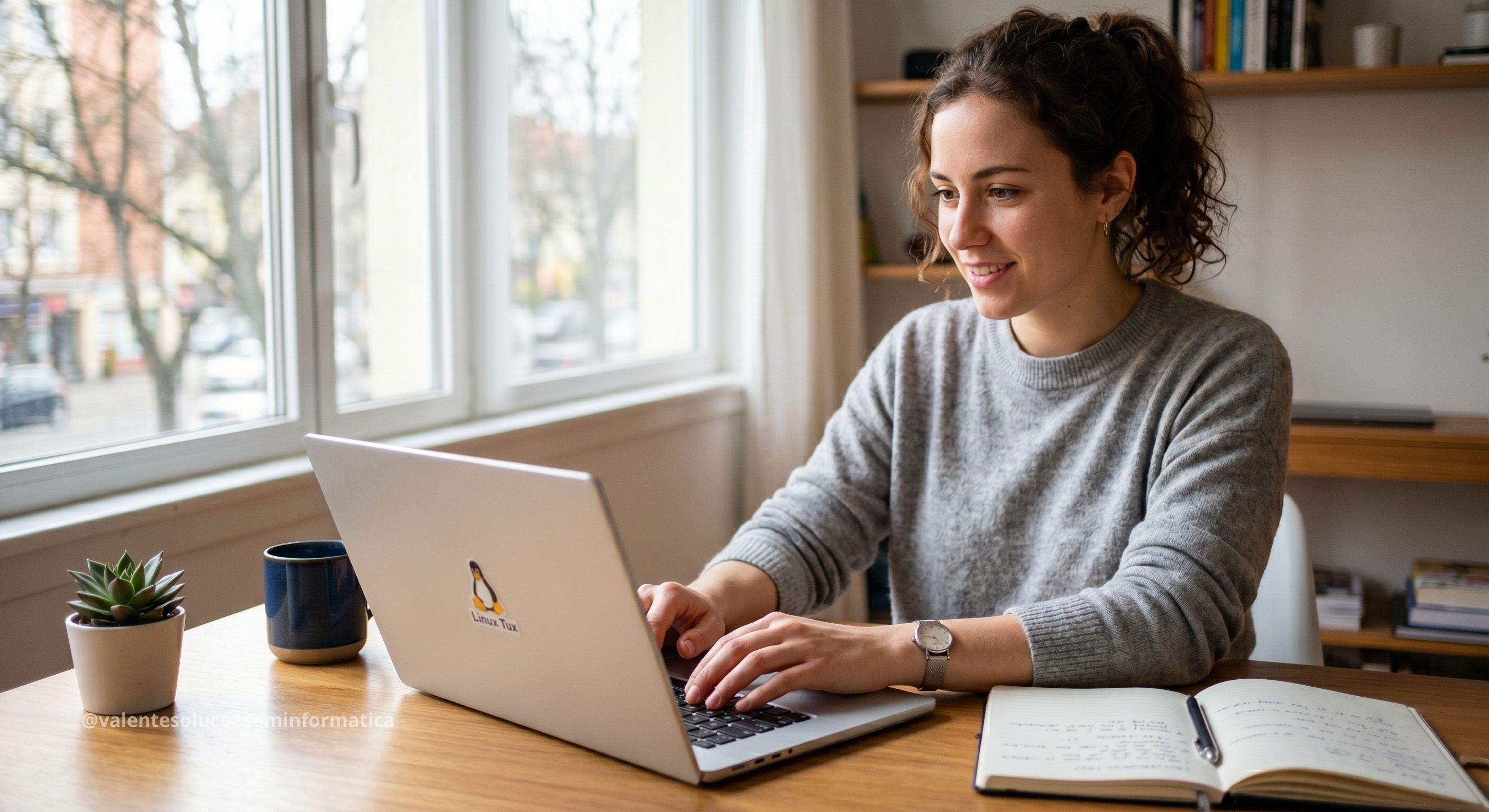 Notebook com interface Linux moderna em ambiente de trabalho
