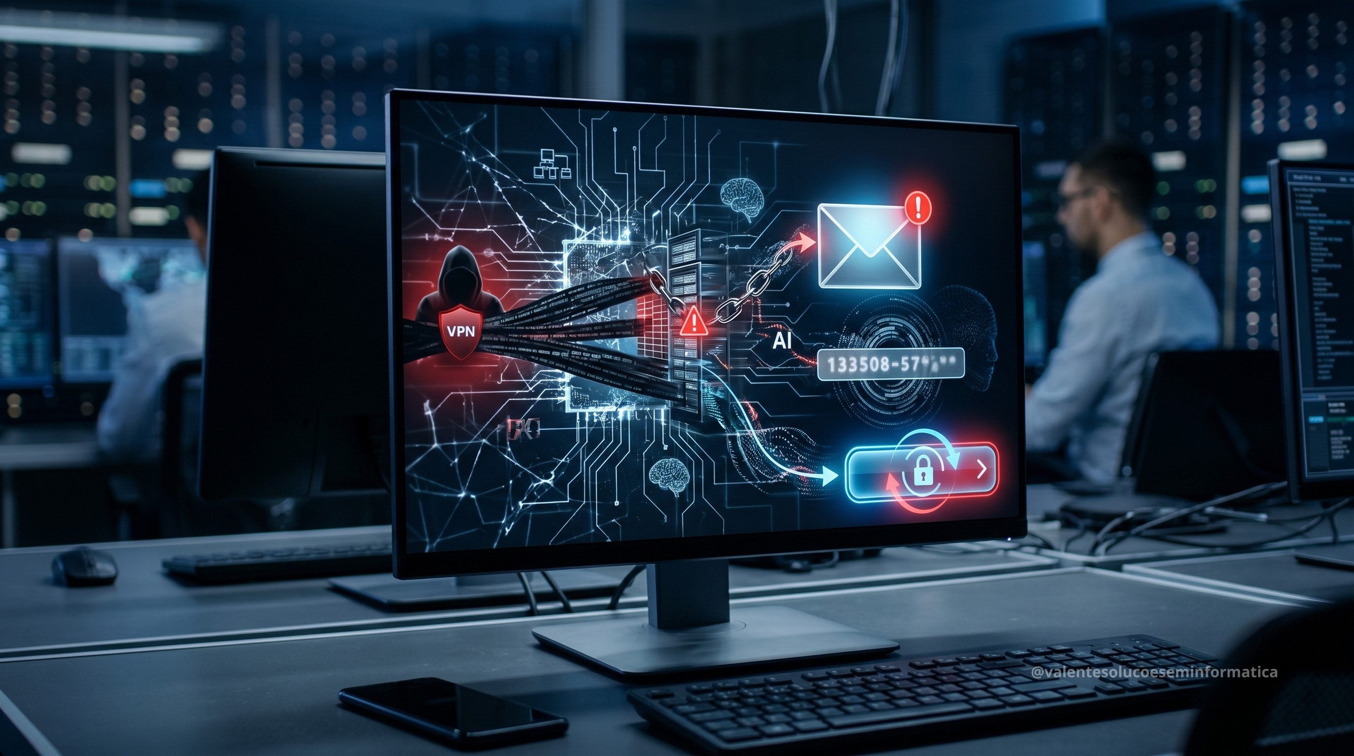 Fluxo de ataque com VPN, e-mail, código de verificação e redefinição de senha