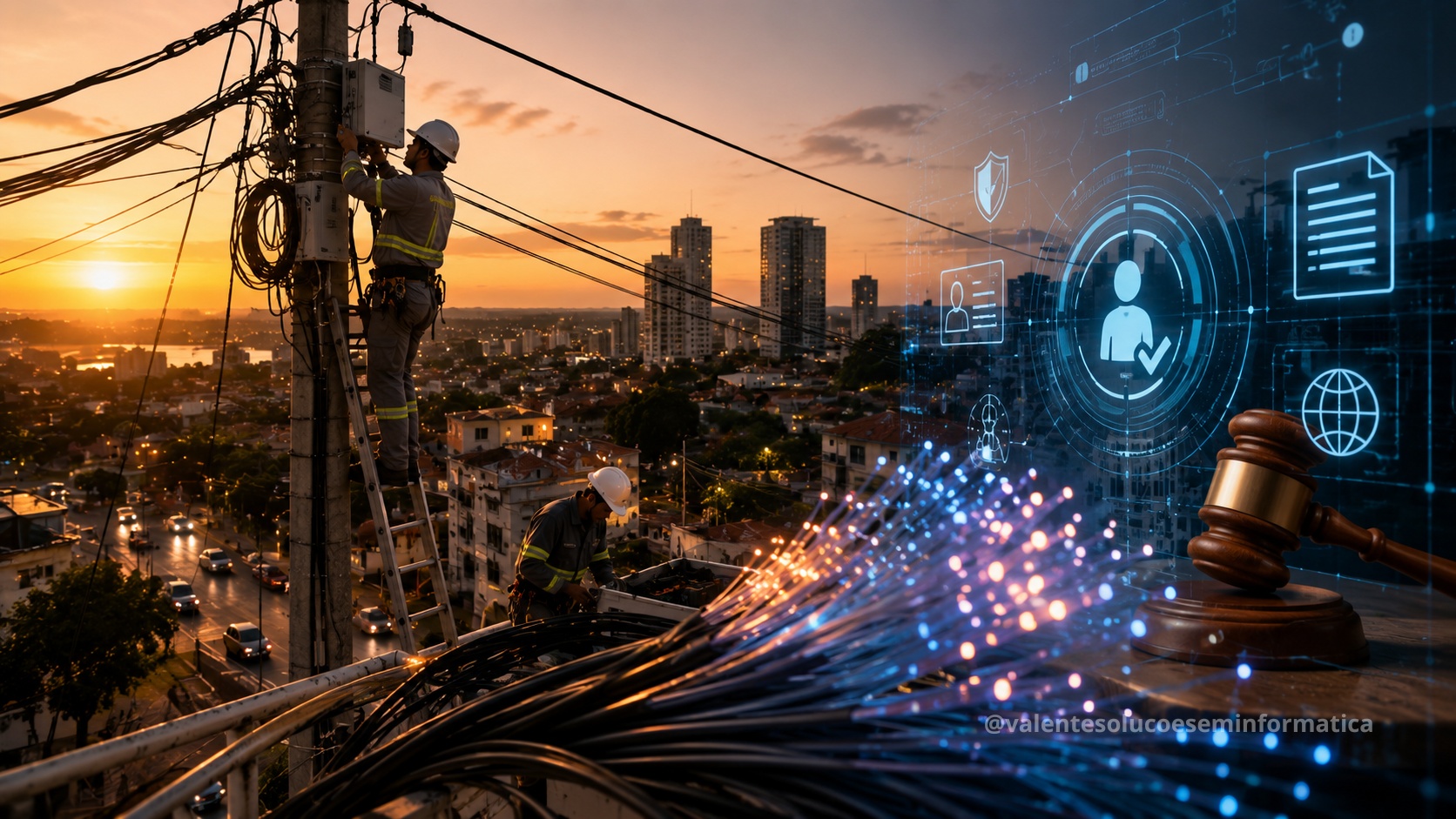 Infraestrutura de telecomunicações com cabos de fibra e interface de regulação digital