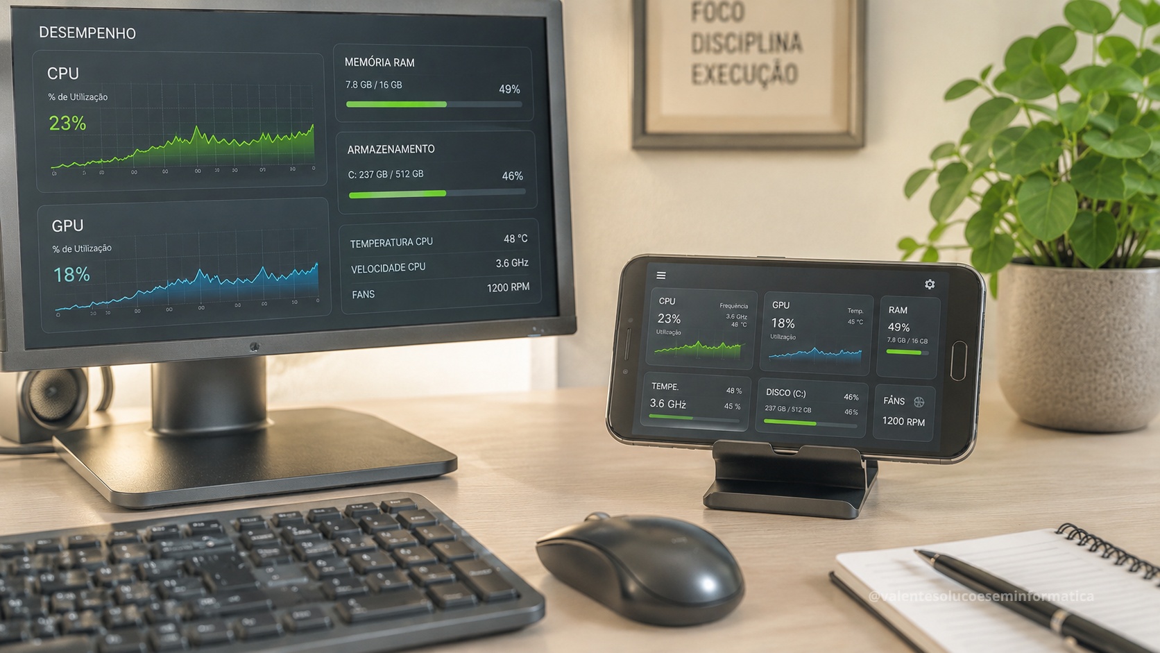 Celular antigo usado como segunda tela com monitoramento de desempenho do computador
