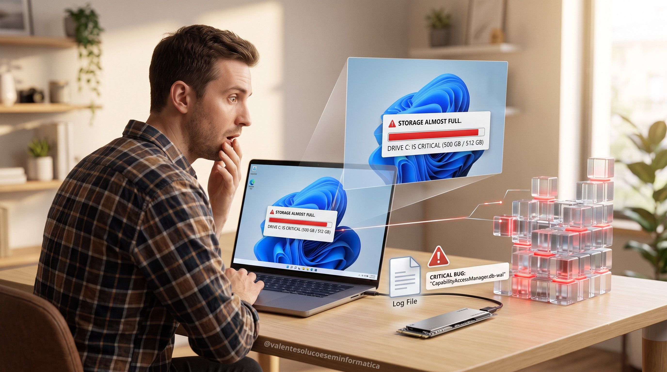 Computador com Windows 11 exibindo armazenamento quase cheio no SSD