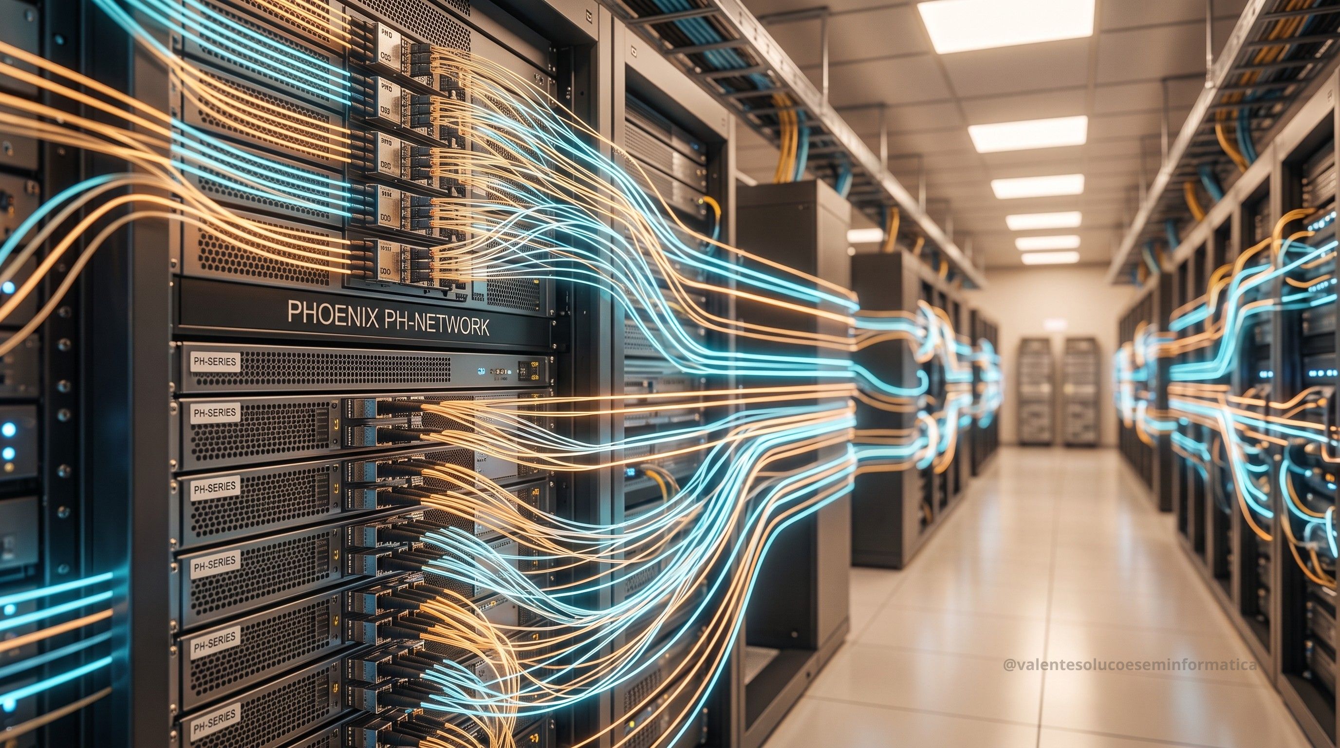 Data center moderno com servidores conectados por sinais ópticos e fibras de alta velocidade