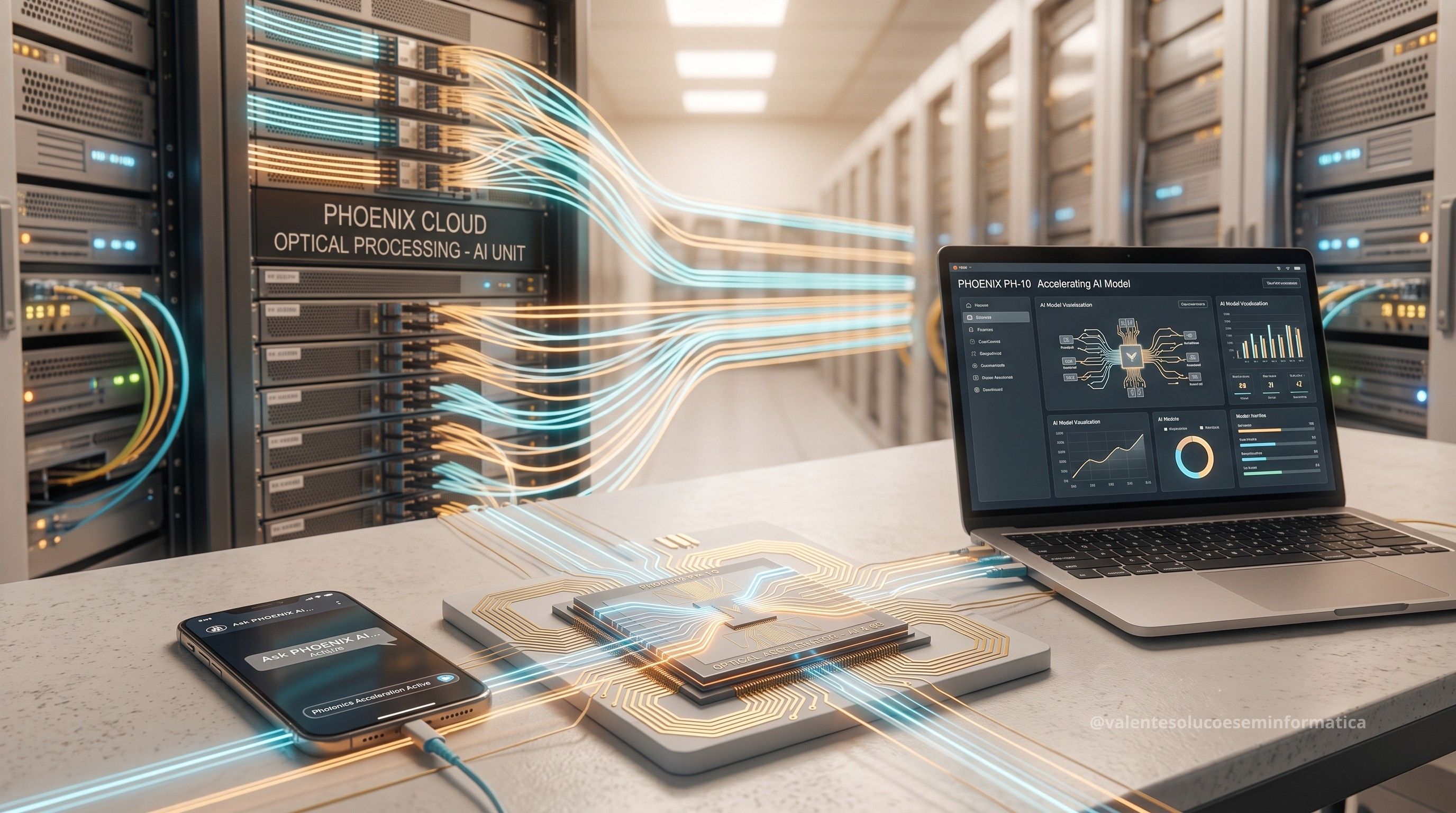Smartphone e notebook conectados a serviços de inteligência artificial processados por chips fotônicos