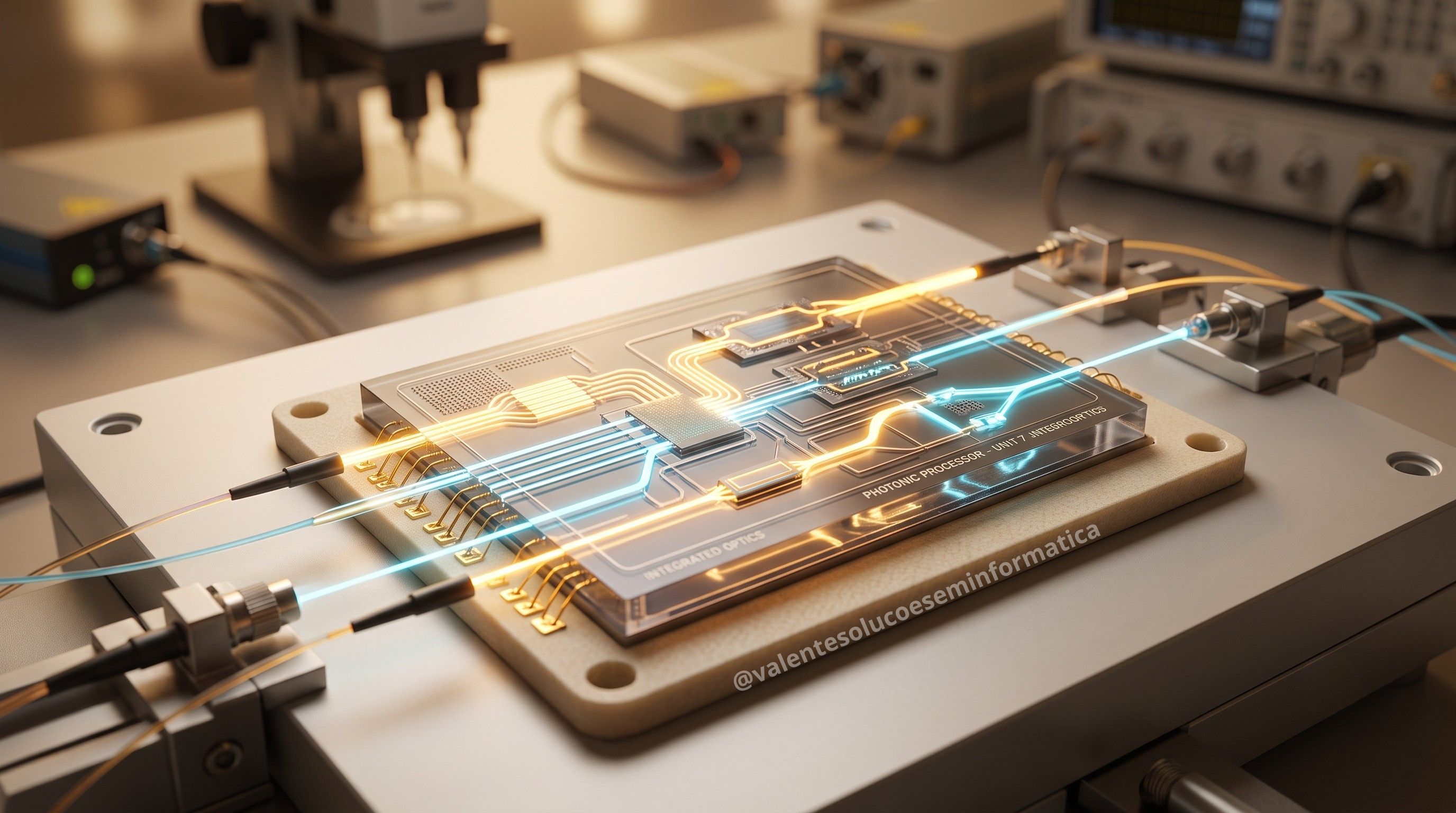 Representação de um chip fotônico que utiliza luz para transmitir e processar informações