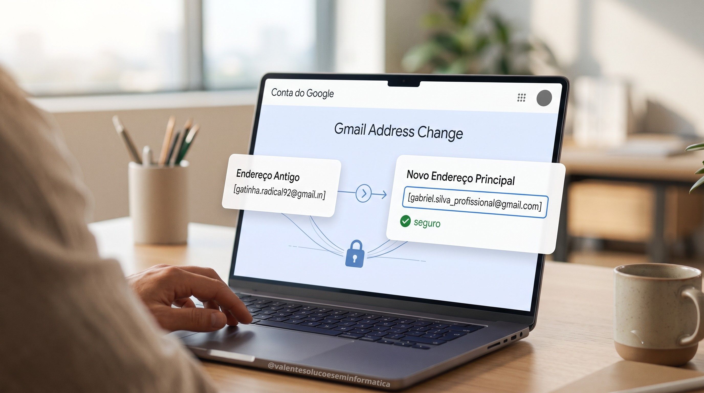 Pessoa revisando configurações de e-mail e identidade digital