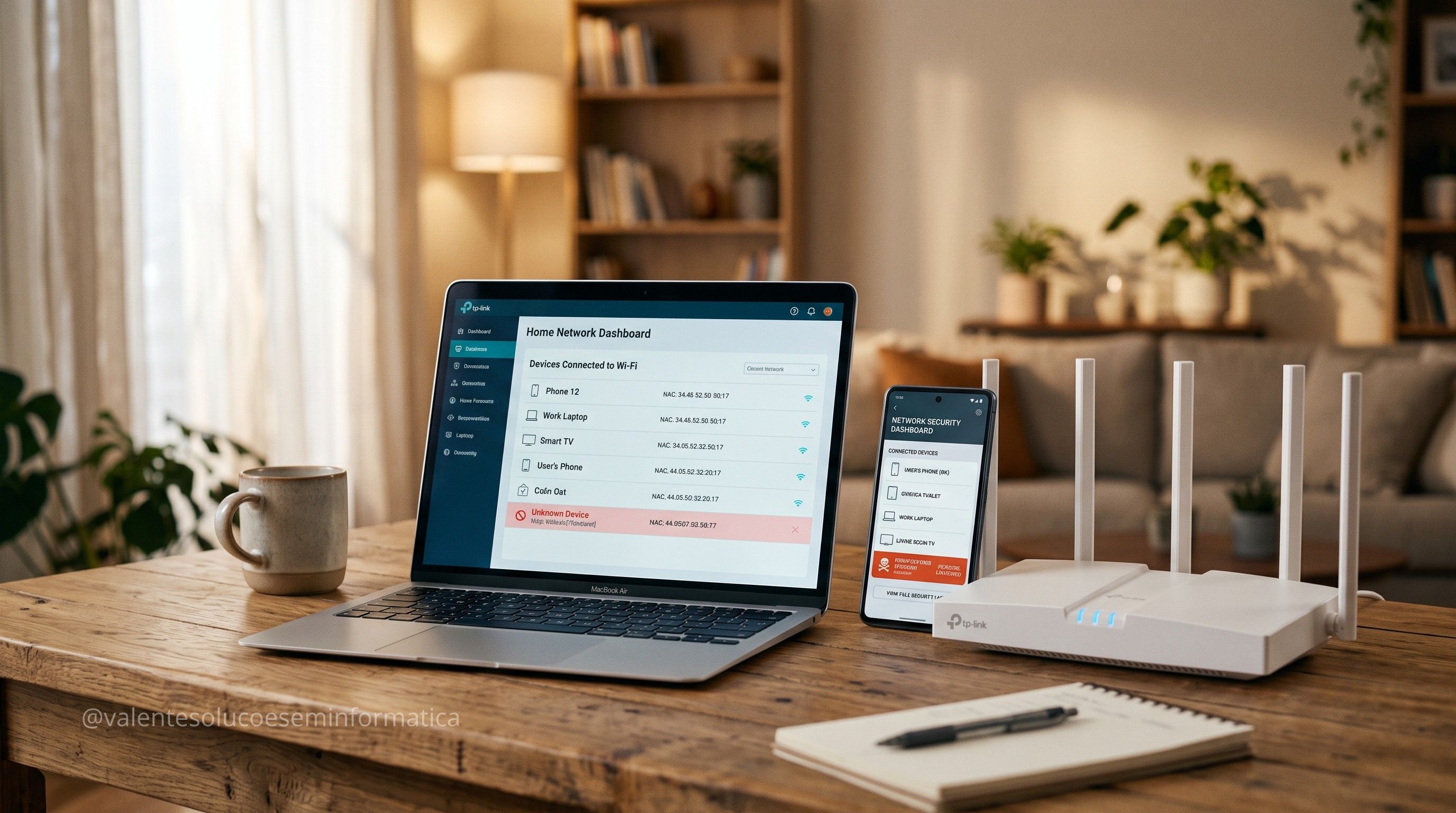 Notebook e roteador exibindo dispositivos conectados ao Wi-Fi residencial