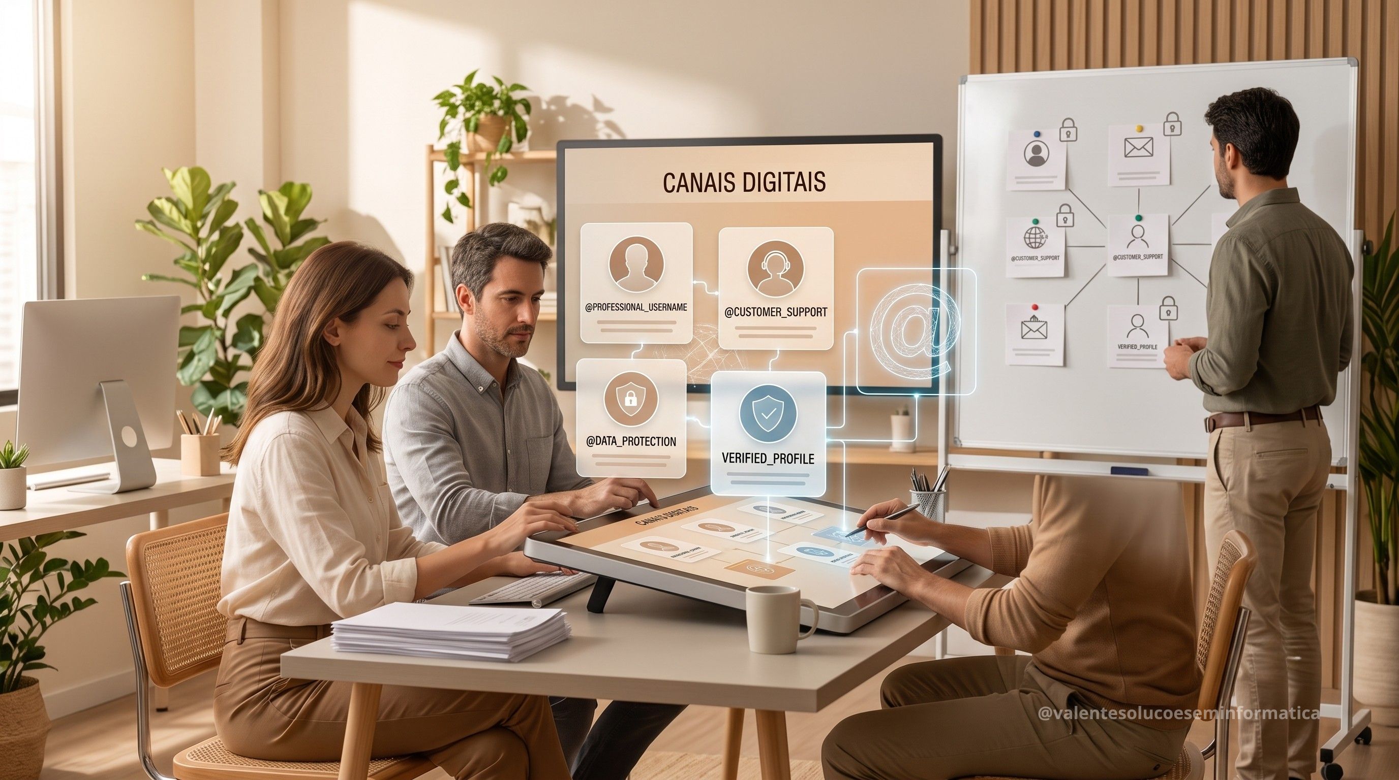Empresa organizando atendimento digital com nome de usuário e proteção de dados