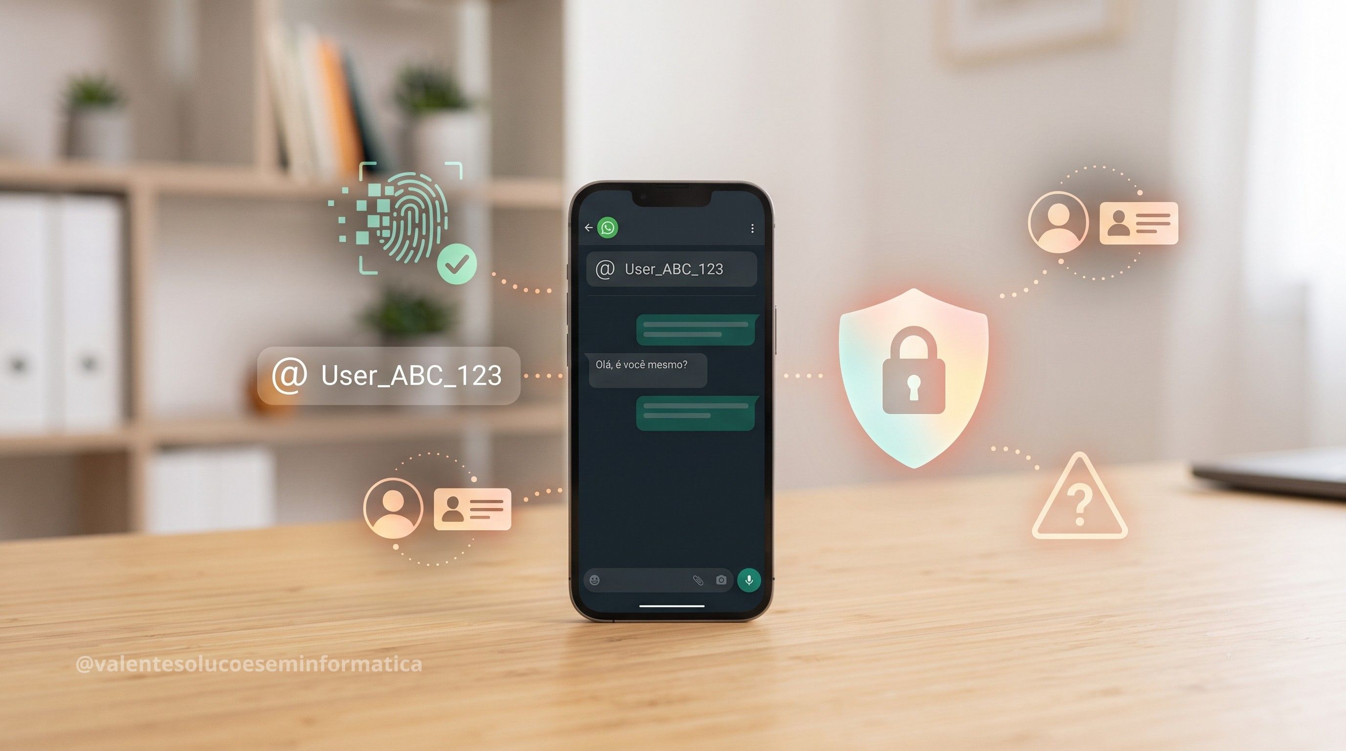 Smartphone com nome de usuário e alerta de privacidade digital
