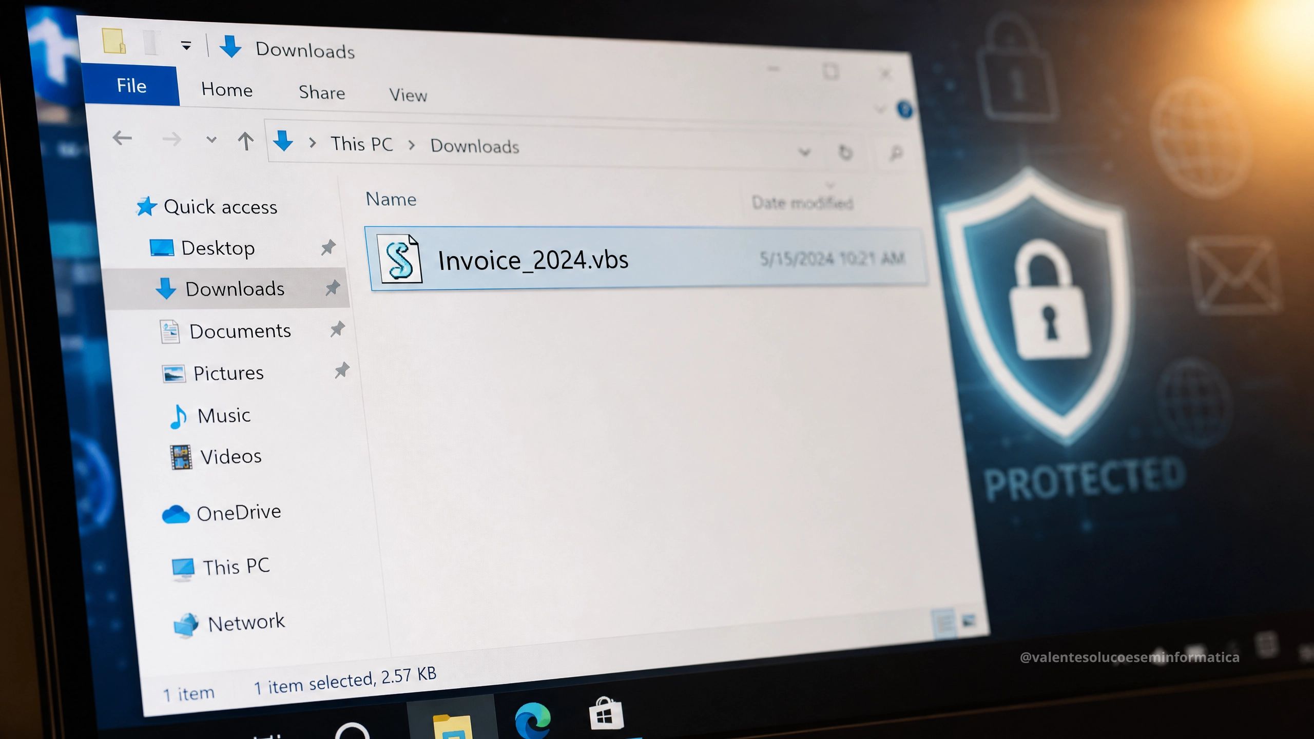 Arquivo VBScript disfarçado de documento financeiro no Windows