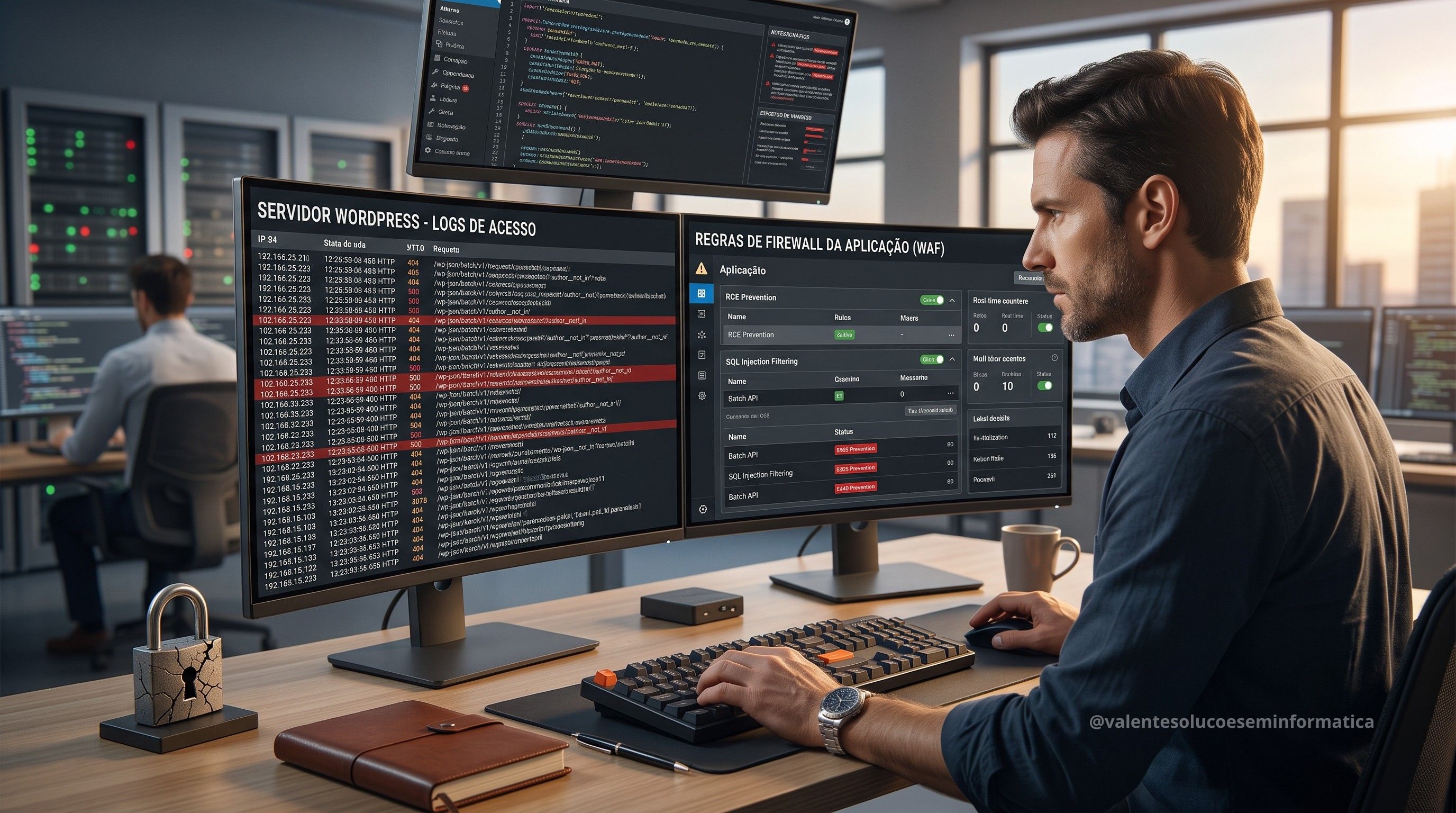 Especialista investiga logs de segurança de um servidor WordPress