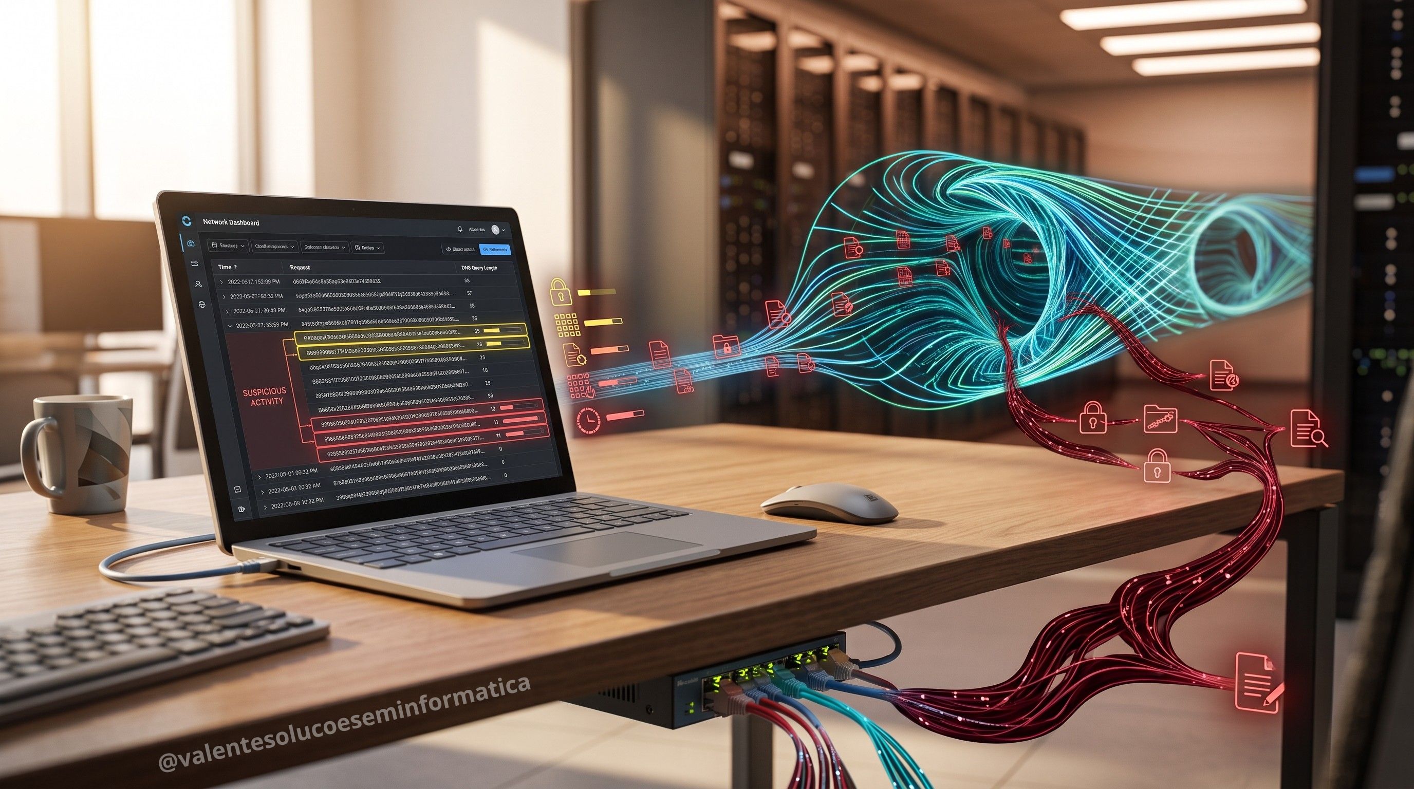 Painel de monitoramento identifica consultas DNS longas e tarefas suspeitas em um computador Windows